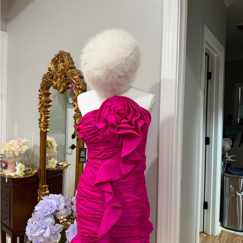 Express Fuchsia One-Shoulder Ruffled Prom Dress